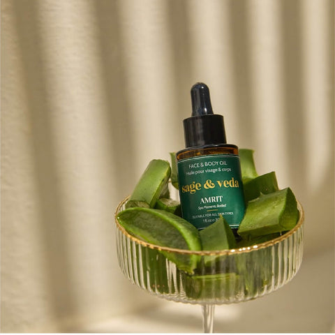 Sage & Veda Amrit oil 30ml bottle styled with aloe vera in ribbed elegant glass, highlighting natural ingredients.
