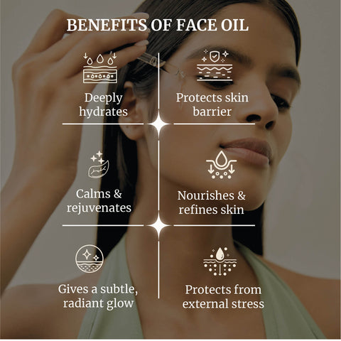 Woman applying Amrit oil dropper to face, showing benefits of face oil for hydration, glow, and skin barrier protection.