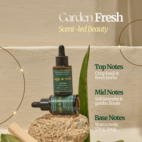 Sage & Veda Koyna Hair Oil with scent notes of basil, lavender, and ylang ylang on display.