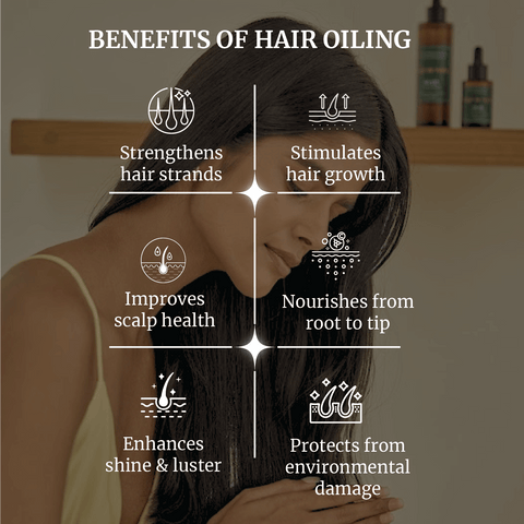 Woman with long hair against a blurred background with text on the benefits of hair oiling.