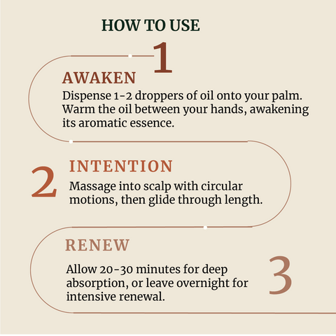 Instructions on how to use the Maati Hair Oil, labeled 'Awaken', 'Intention', and 'Renew' on a beige background.
